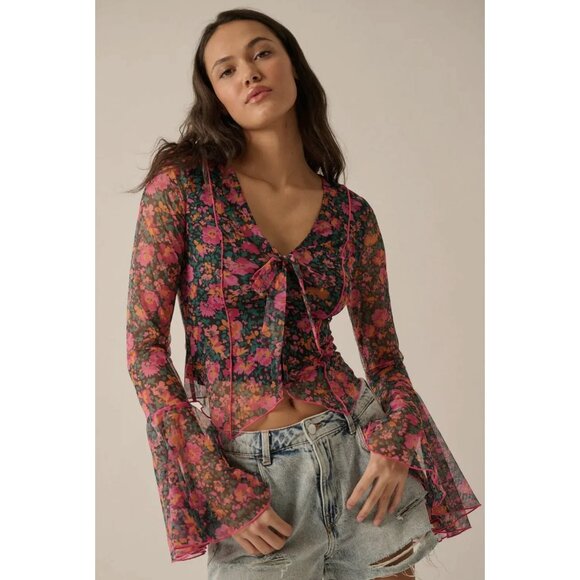 Promesa Tops - Promesa Fabulous Flowers Floral-Print Mesh Bell-Sleeve Top Sheer V-Neck Tie-Fron
